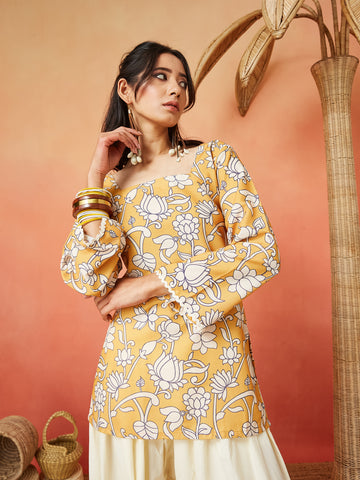 Mustard Cotton Blend Floral Print Straight Kurti