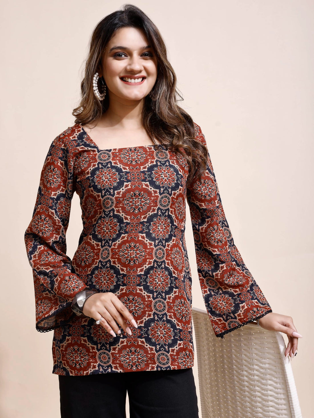 Rust Cotton Blend Ajrak Print Straight Kurti