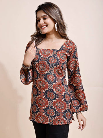 Rust Cotton Blend Ajrak Print Straight Kurti