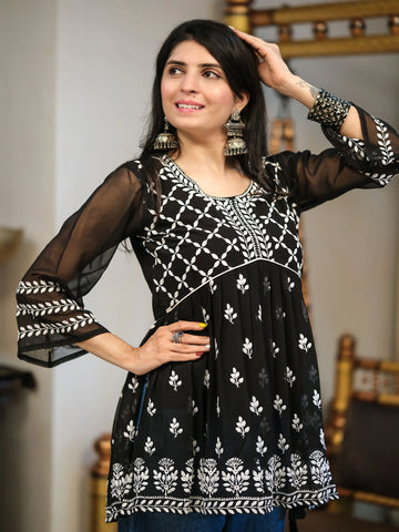 Black Georgette Chikankari Embroidery A-line Short Kurti