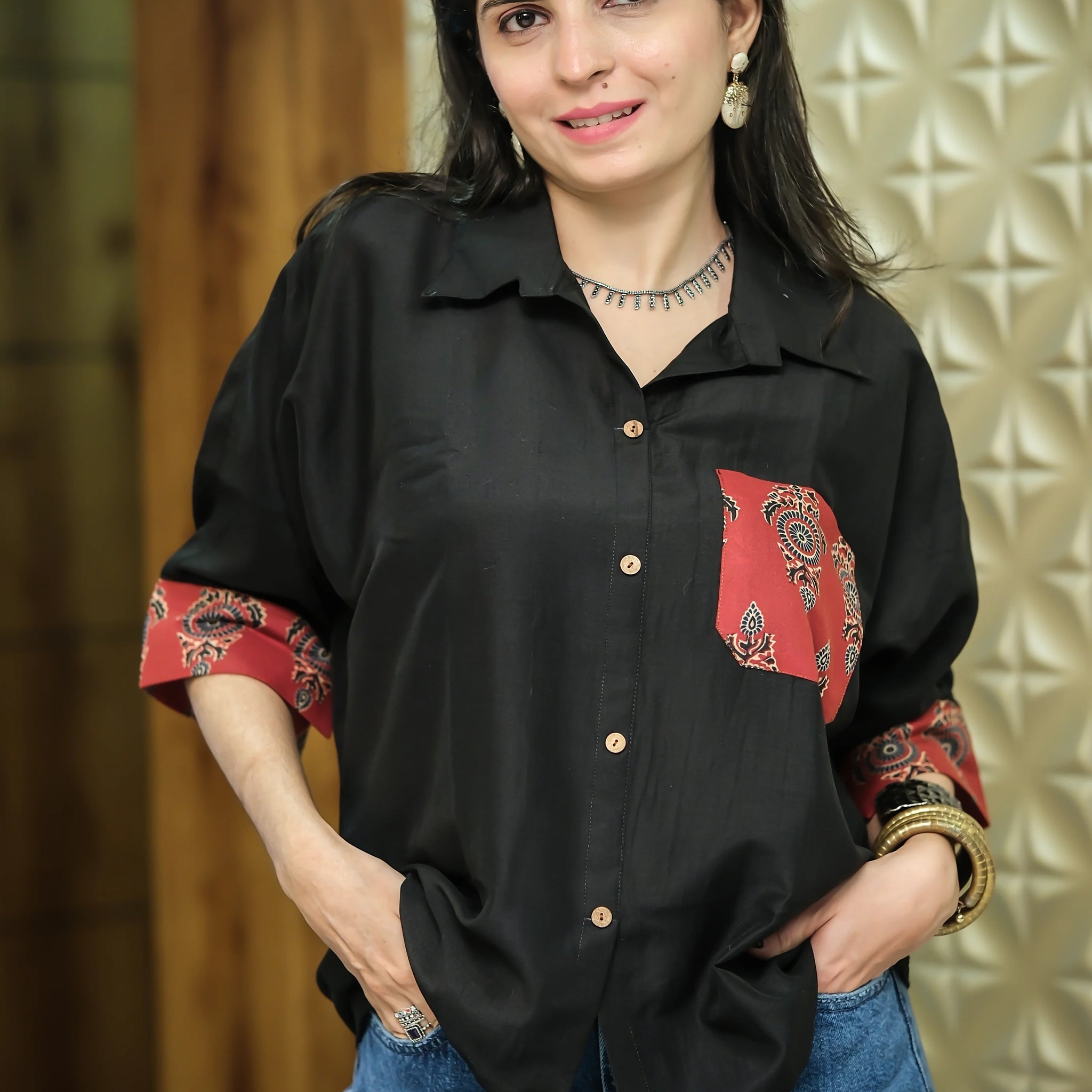 Black Cotton Silk Solid & Printed relex Fit Pocket Boxy Shirt Style Top