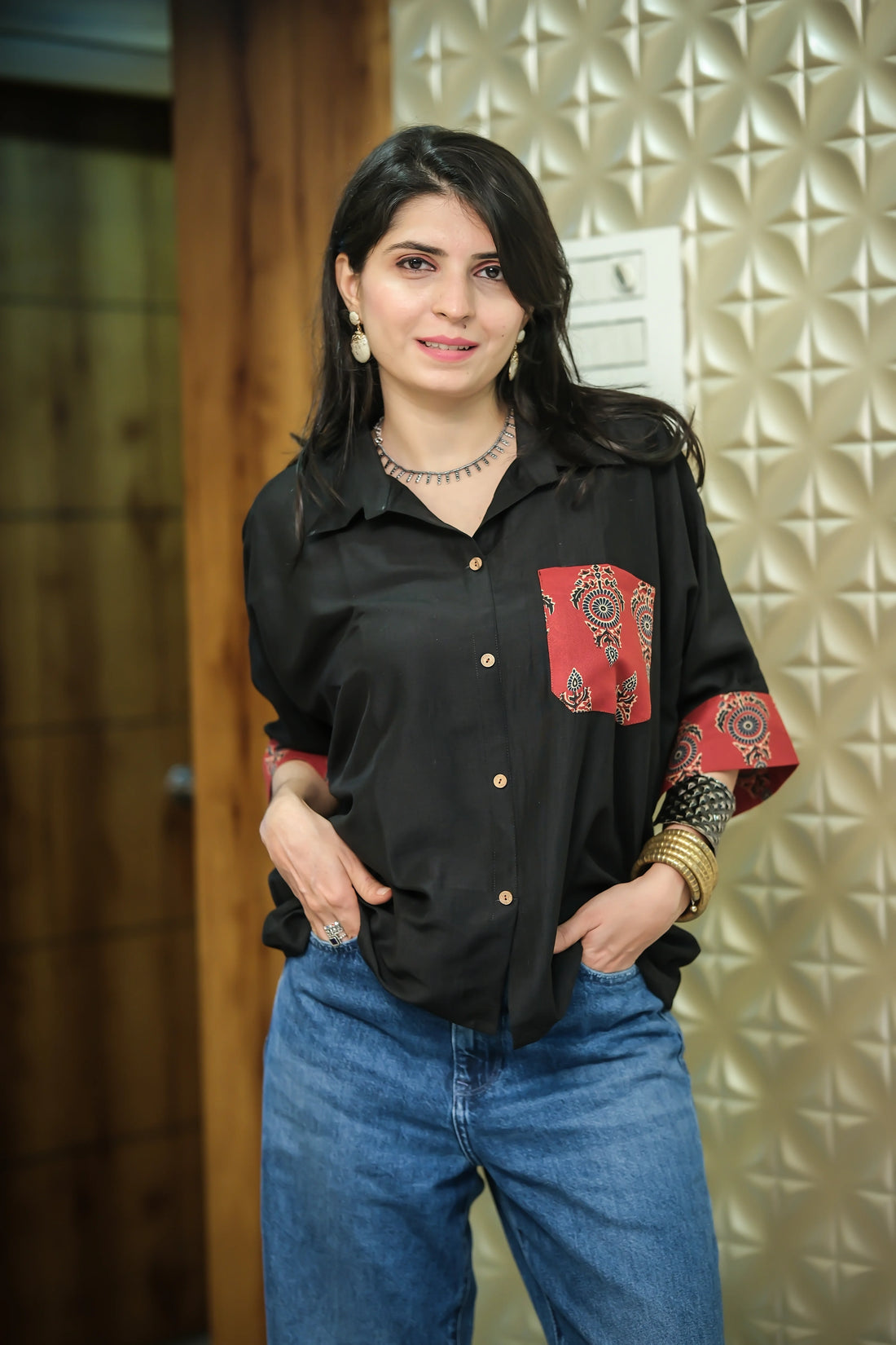 Black Cotton Silk Solid & Printed relex Fit Pocket Boxy Shirt Style Top