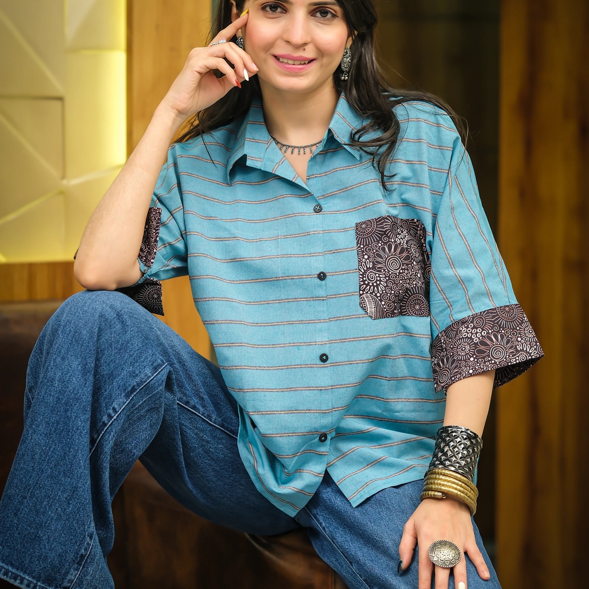 Rama Cotton Blend Checked Printed relex Fit Pocket Boxy Shirt Style Top