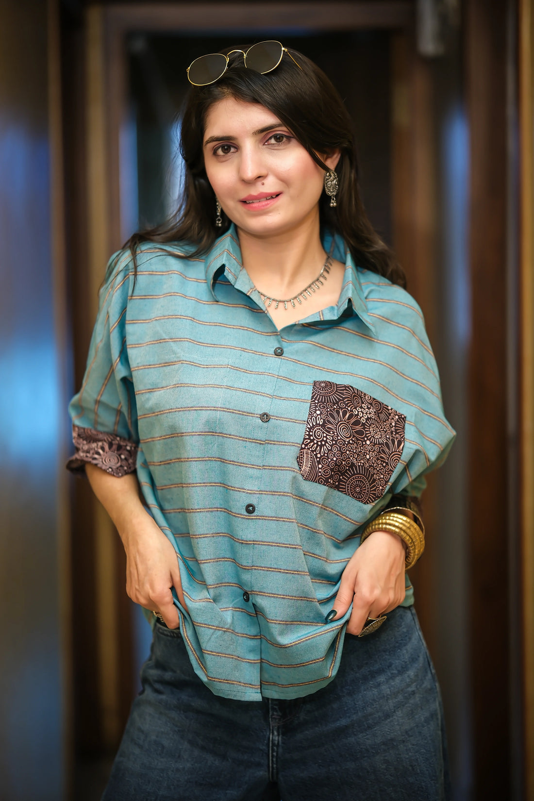 Rama Cotton Blend Checked Printed relex Fit Pocket Boxy Shirt Style Top