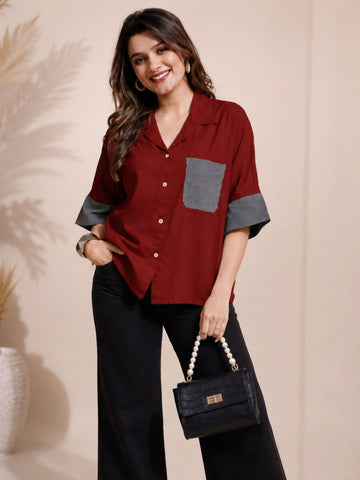 Rust Cotton Silk Solid Casual Micro Check Contrast Pocket & Sleeve Detail Shirt