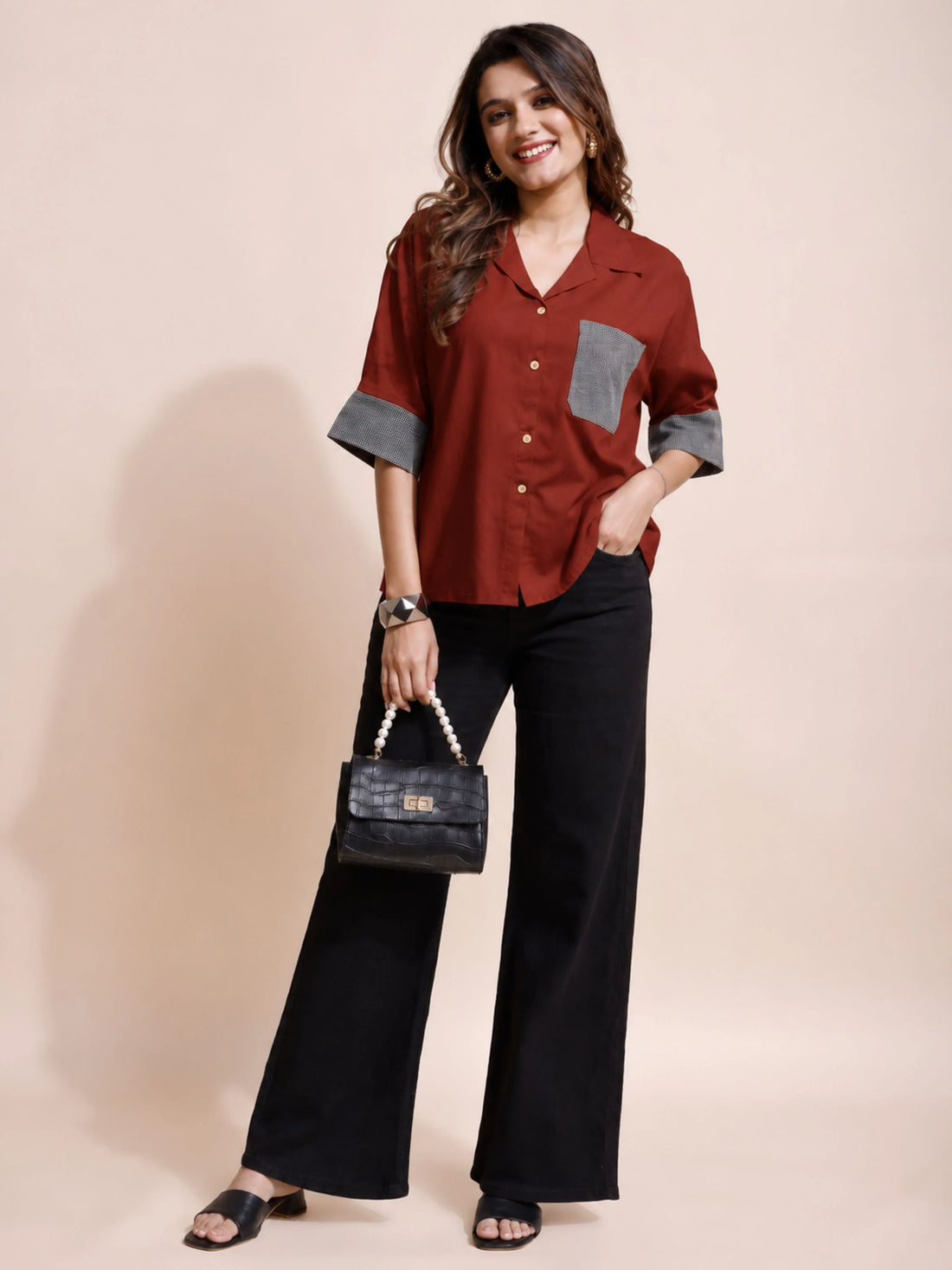 Rust Cotton Silk Solid Casual Micro Check Contrast Pocket & Sleeve Detail Shirt