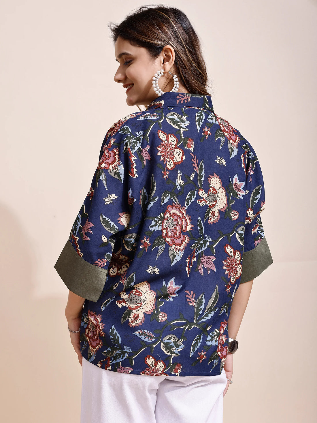 Navy Cotton Floral Print relex Fit Pocket Boxy Shirt Style Top