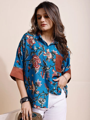 Rama Cotton Floral Print relex Fit Pocket Boxy Shirt Style Top