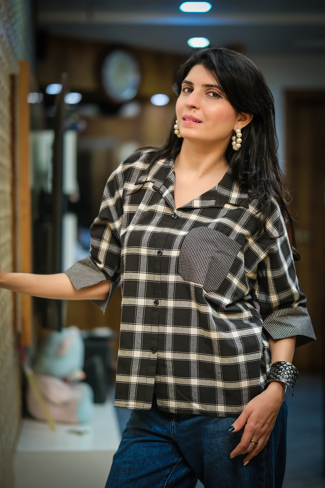 Black Cotton Blend Checked Printed relex Fit Pocket Boxy Shirt Style Top