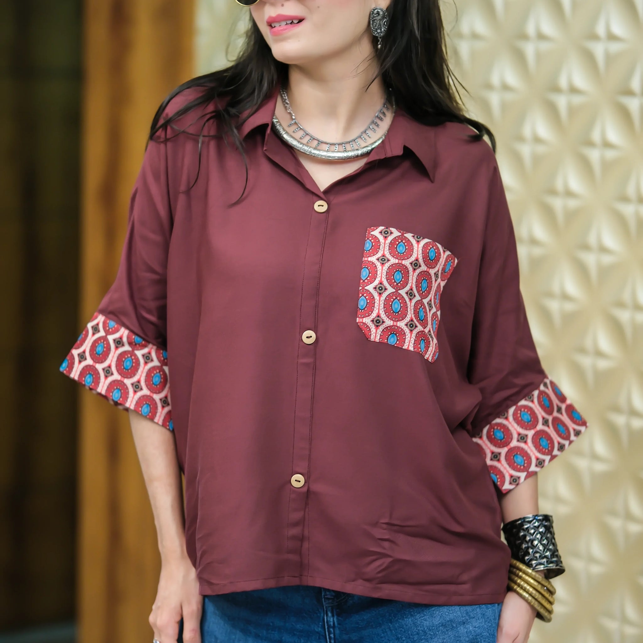Brown Viscose Rayon Solid & Printed relex Fit Boxy Pocket Shirt Style Top