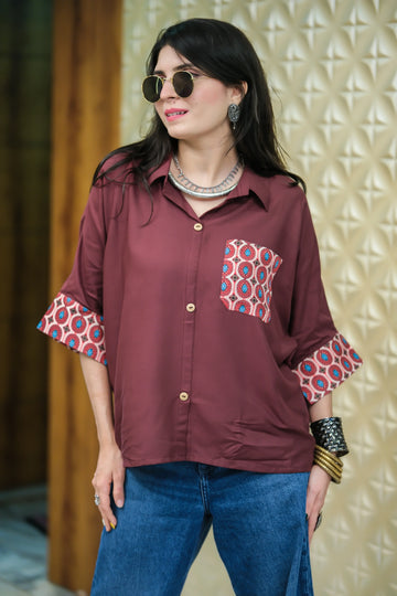 Brown Viscose Rayon Solid & Printed relex Fit Boxy Pocket Shirt Style Top
