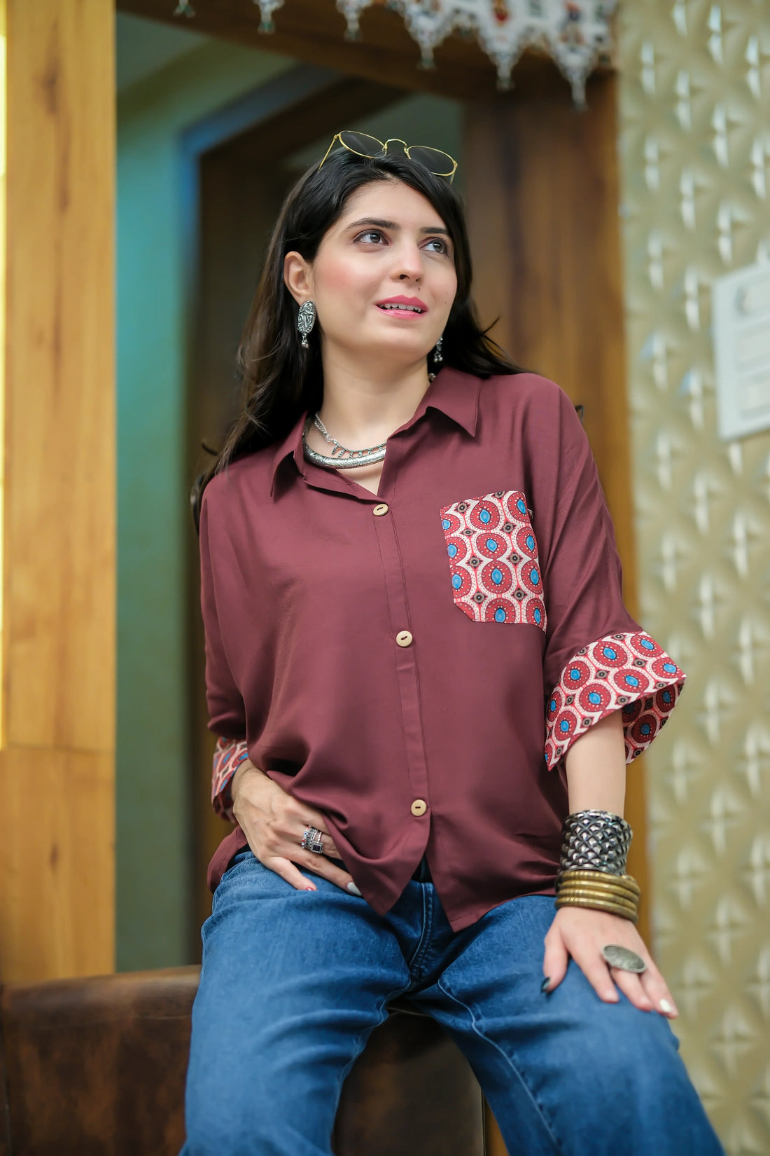 Brown Viscose Rayon Solid & Printed relex Fit Boxy Pocket Shirt Style Top