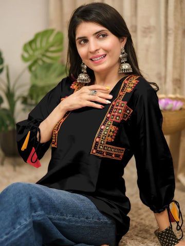 Black Cotton Silk Embroidered Straight Short Kurti | Tunic Top