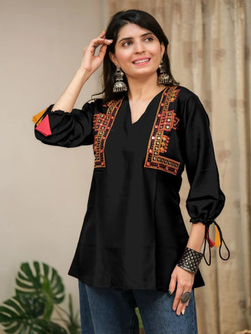 Black Cotton Silk Embroidered Straight Short Kurti