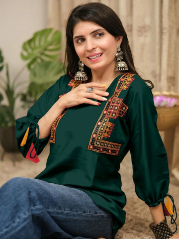 Bottle Green Cotton Silk Embroidered Straight Short Kurti | Tunic Top