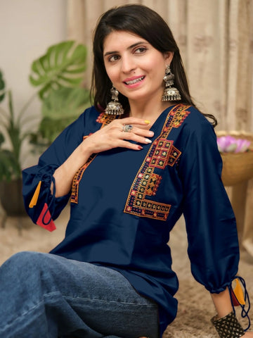 Navy Cotton Silk Embroidered Straight Short Kurti