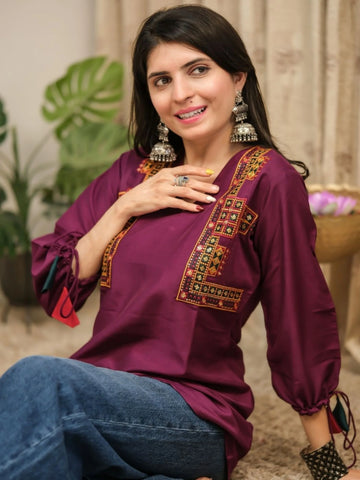 Wine Cotton Silk Embroidered Straight Short Kurti | Tunic Top