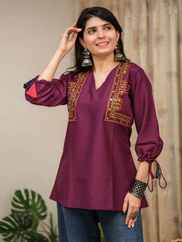 Wine Cotton Silk Embroidered Straight Short Kurti