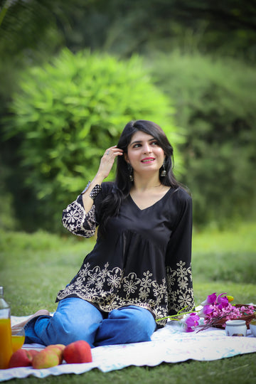 Black Viscose Rayon Embroidered Peplum Alia Cut Short Kurti