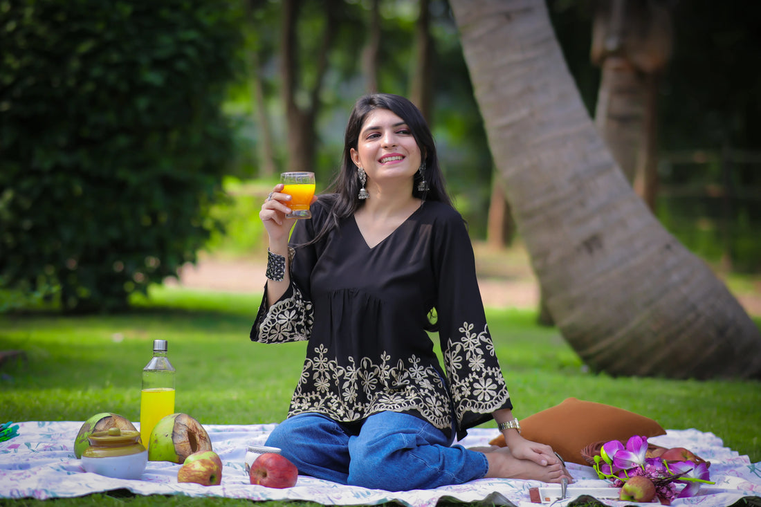 Black Viscose Rayon Embroidered Peplum Alia Cut Short Kurti