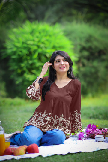 Brown Viscose Rayon Embroidered Peplum Alia Cut Short Kurti