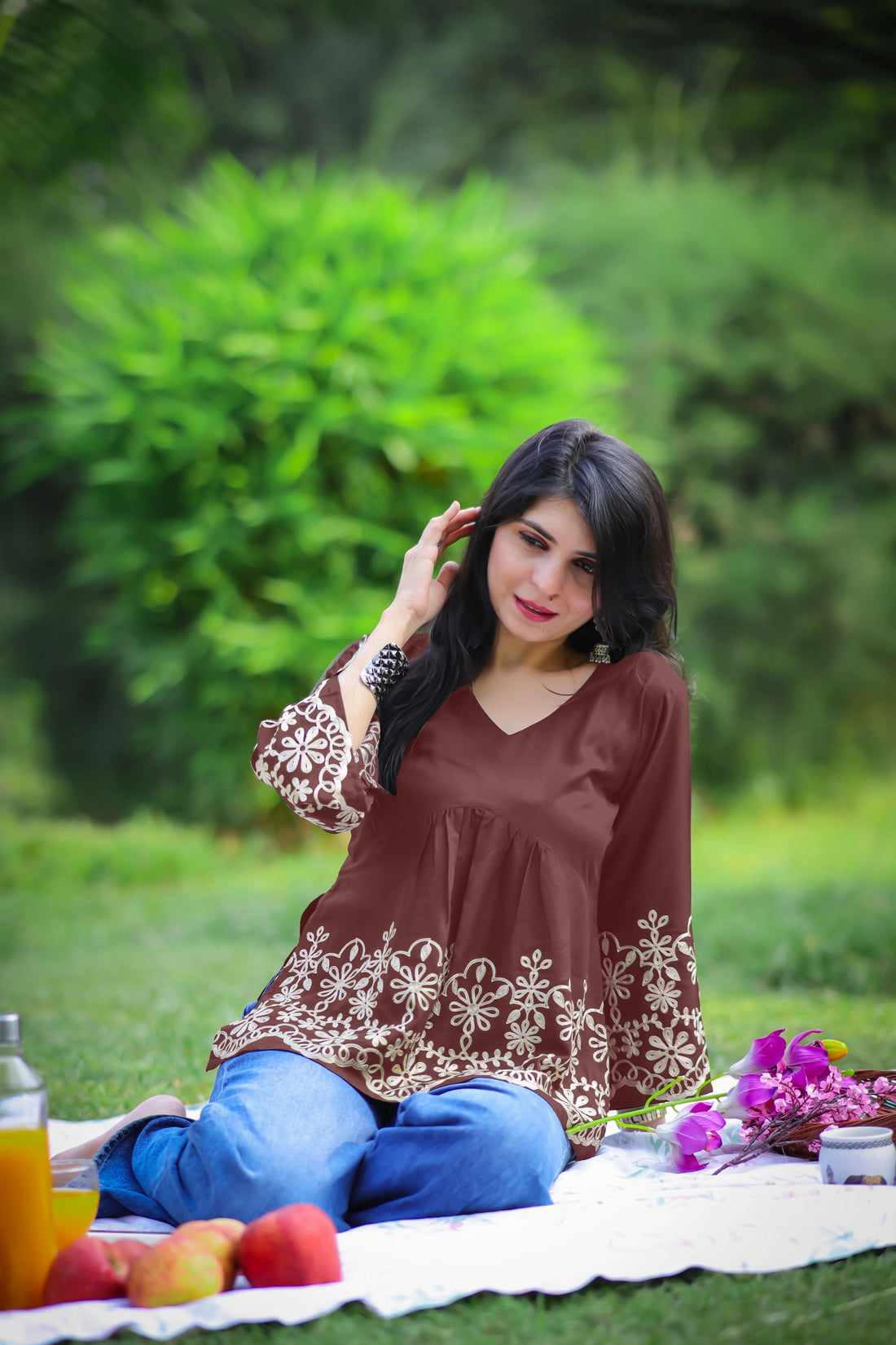 Brown Viscose Rayon Embroidered Peplum Alia Cut Short Kurti