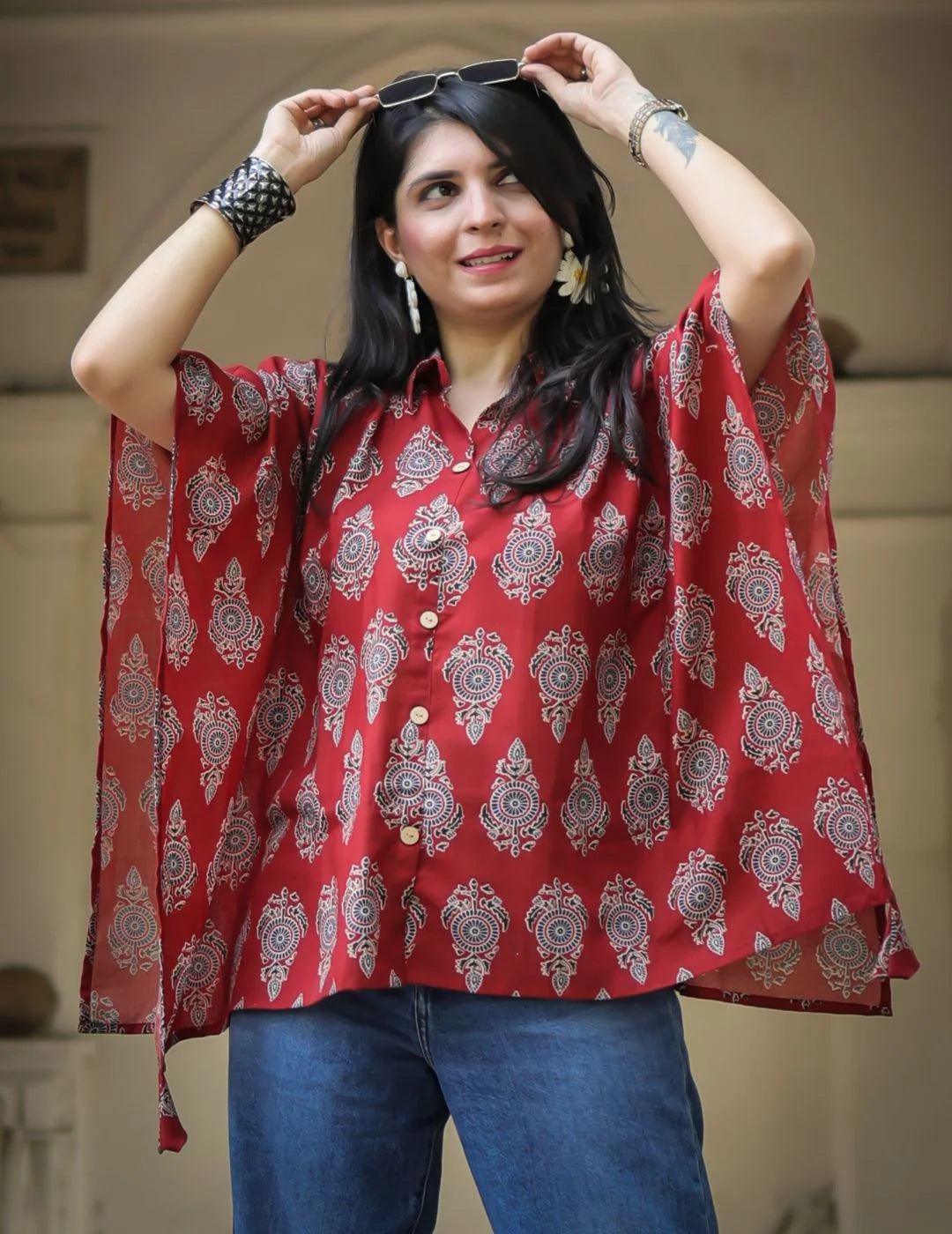 Rust printed kaftan tunic top — front view | Youthnic