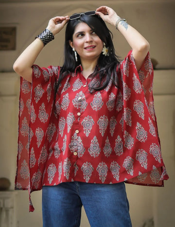 Rust printed kaftan tunic top — front view | Youthnic