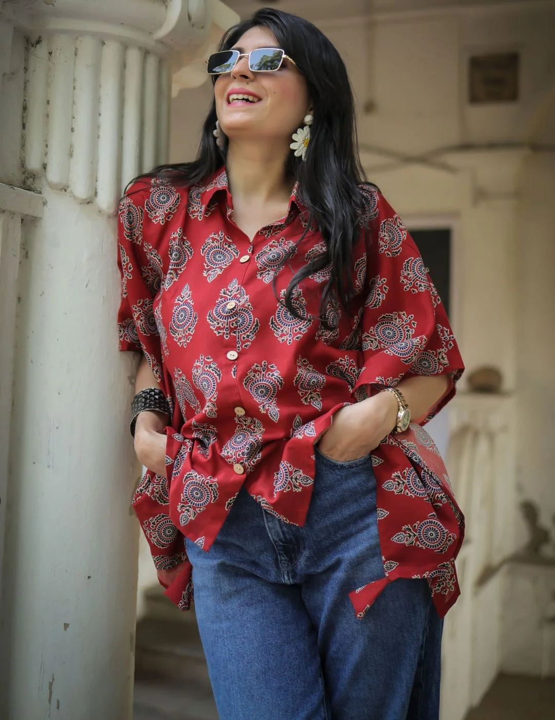 Rust printed kaftan tunic top — side view | Youthnic