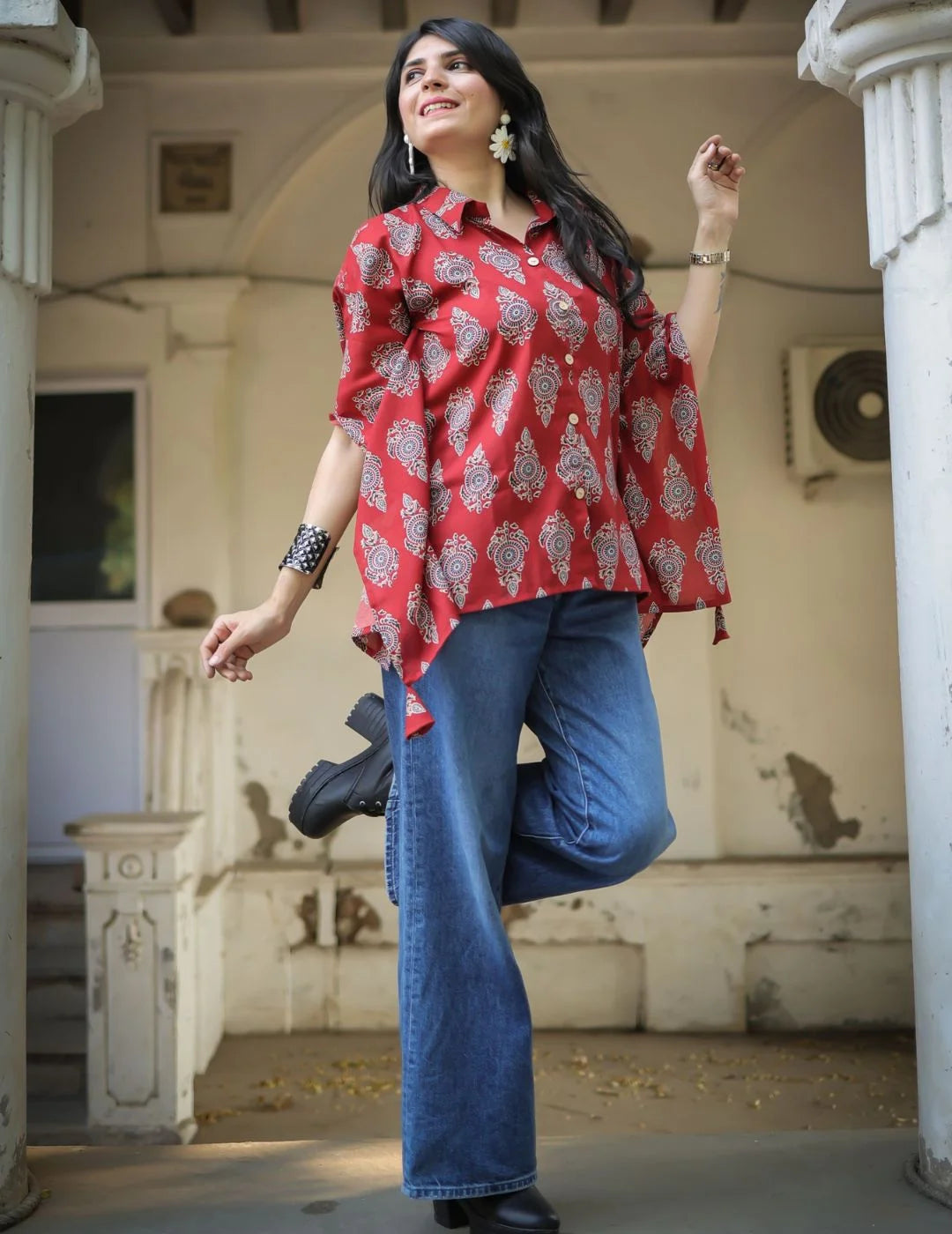 Rust printed kaftan tunic top — back view | Youthnic