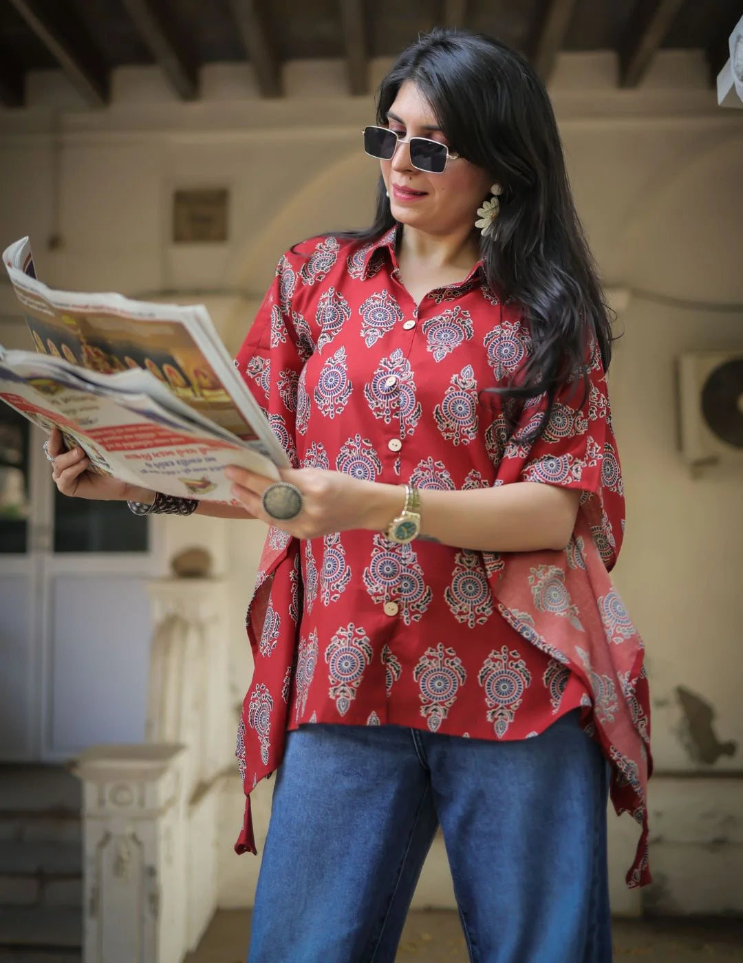 Rust kaftan top — sleeve and print detail close-up | Youthnic