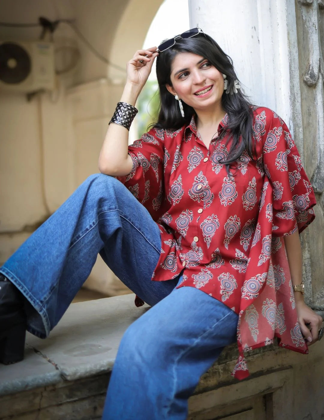Rust kaftan tunic top — styled with jeans | Youthnic