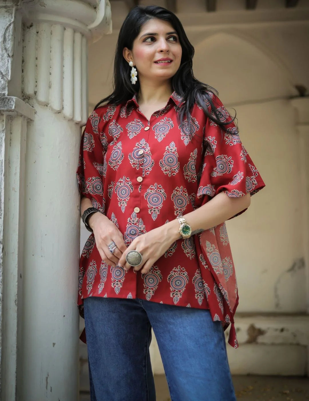 Rust printed kaftan tunic top — full length view | Youthnic