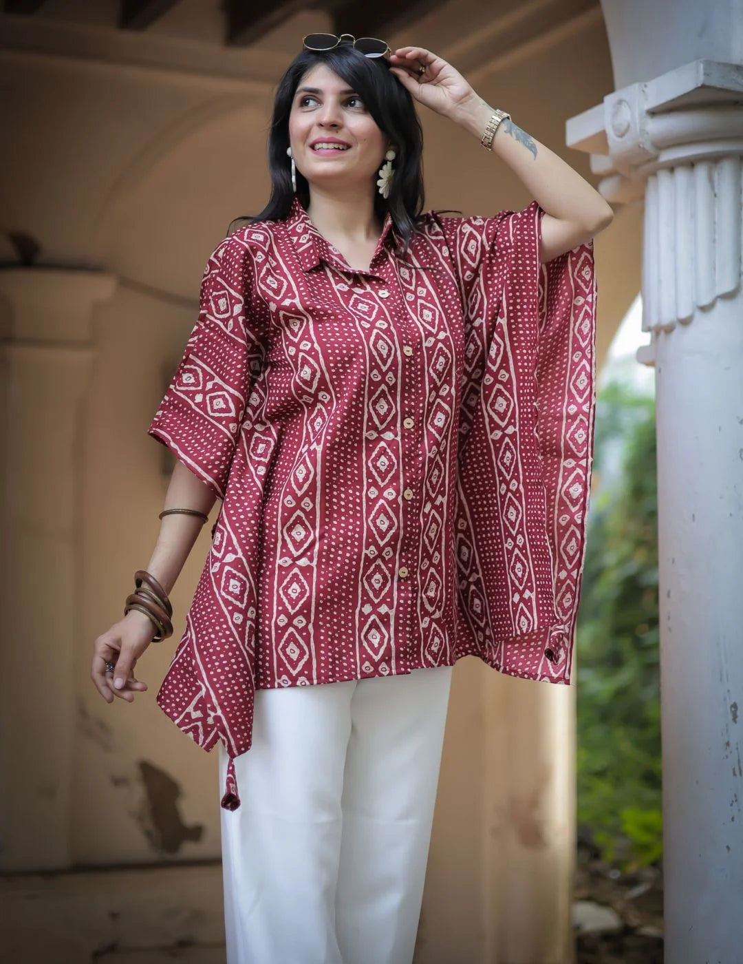 Maroon Cotton Blend Bandhani Print Kaftan Tunic Top