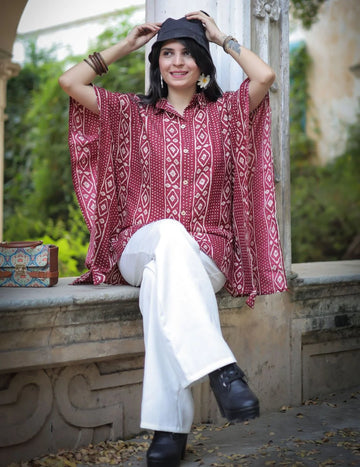 Maroon Bandhani print kaftan tunic top — front view | Youthnic