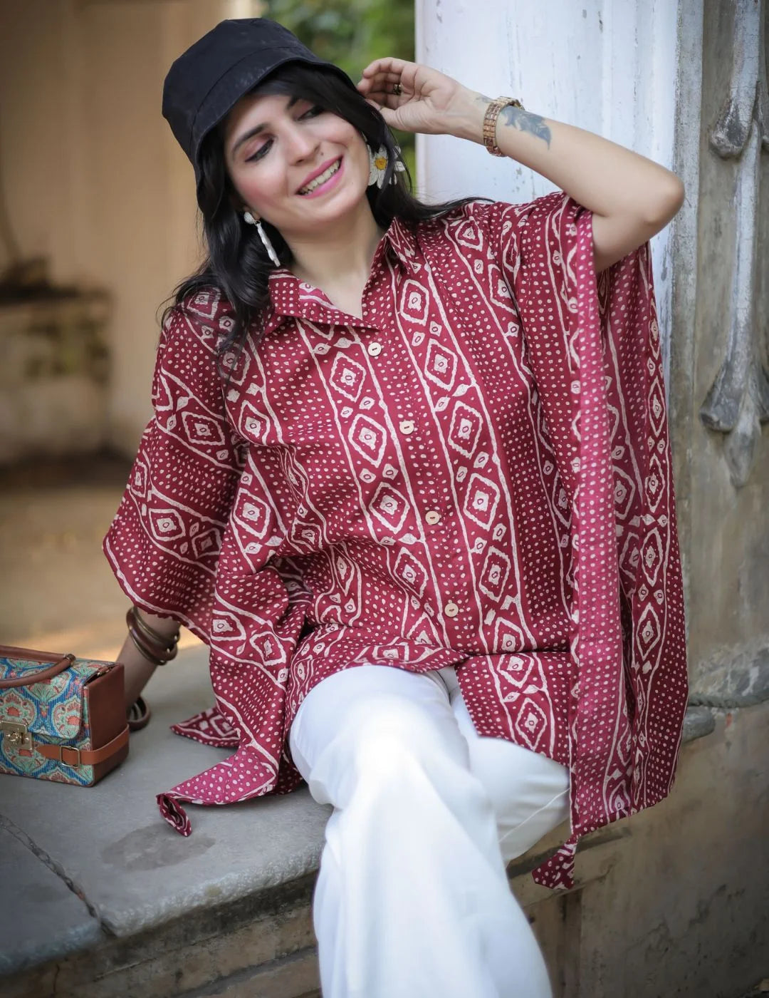 Maroon Bandhani kaftan top — back view | Youthnic