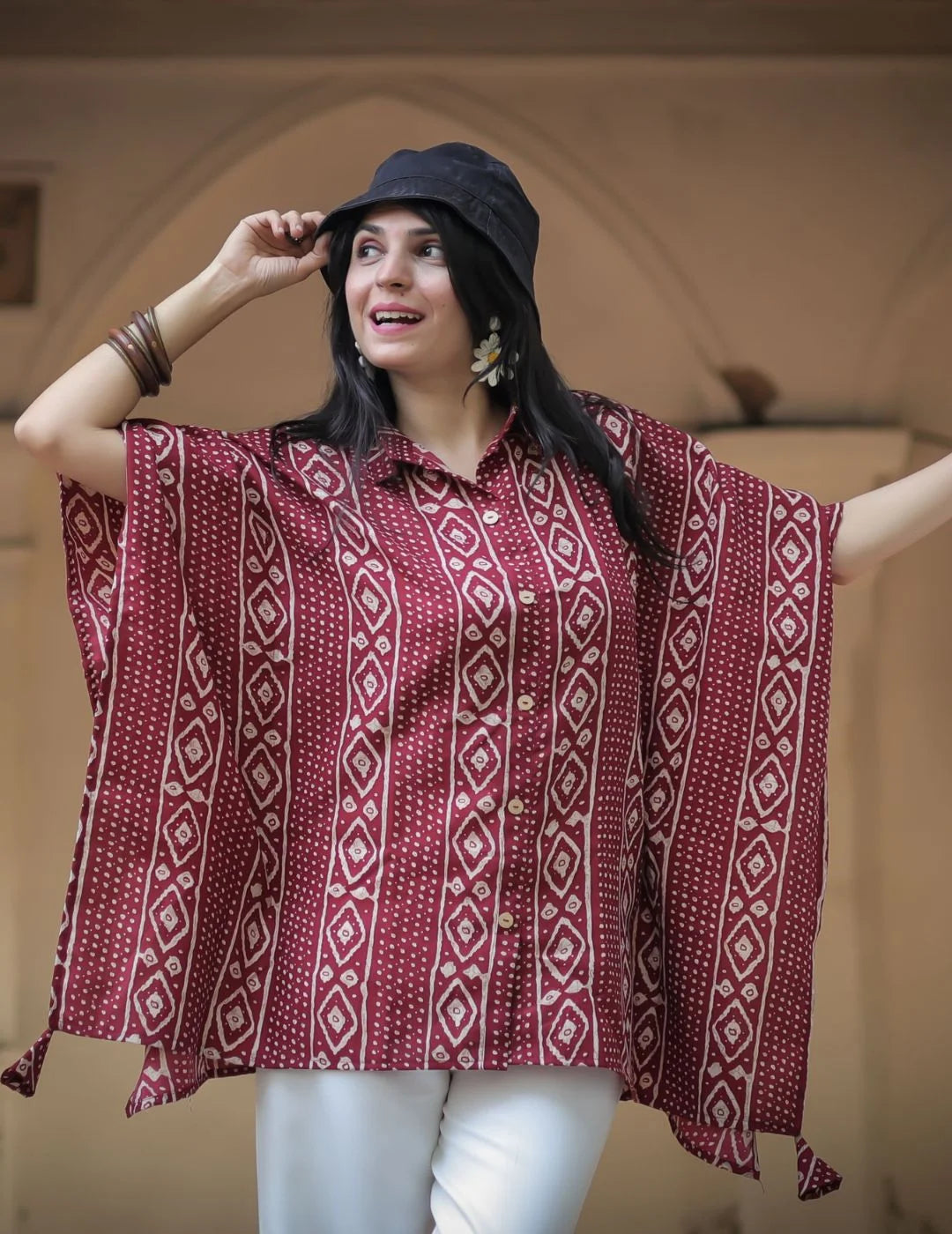 Maroon Bandhani kaftan top — print close-up | Youthnic