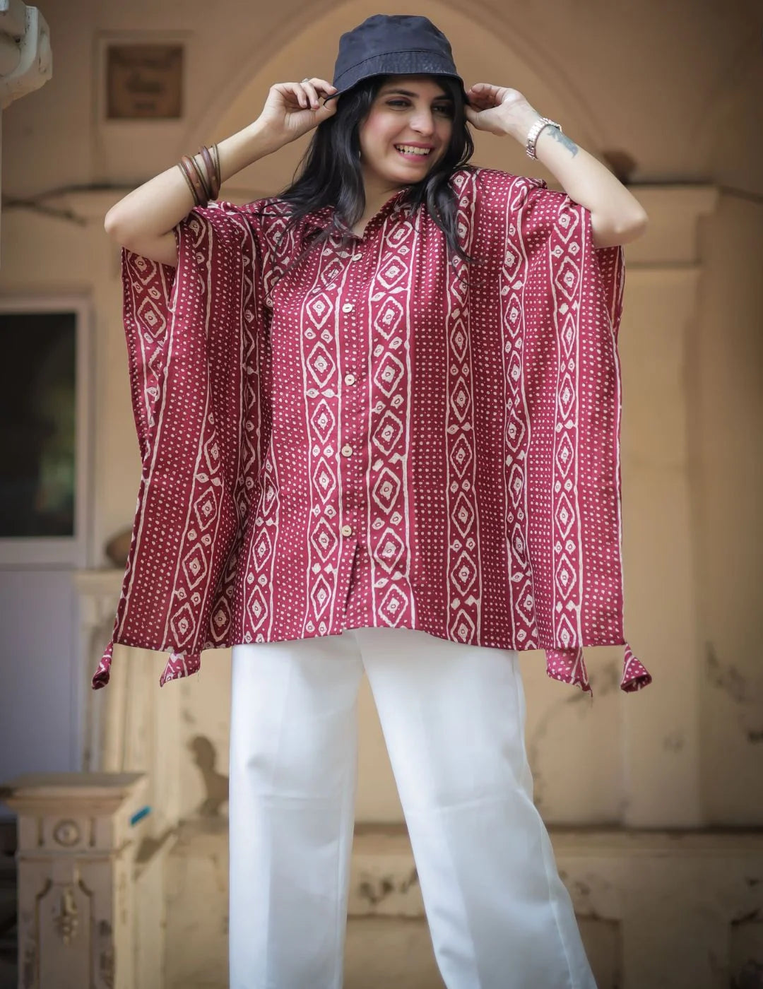 Maroon Bandhani kaftan top — sleeve detail | Youthnic