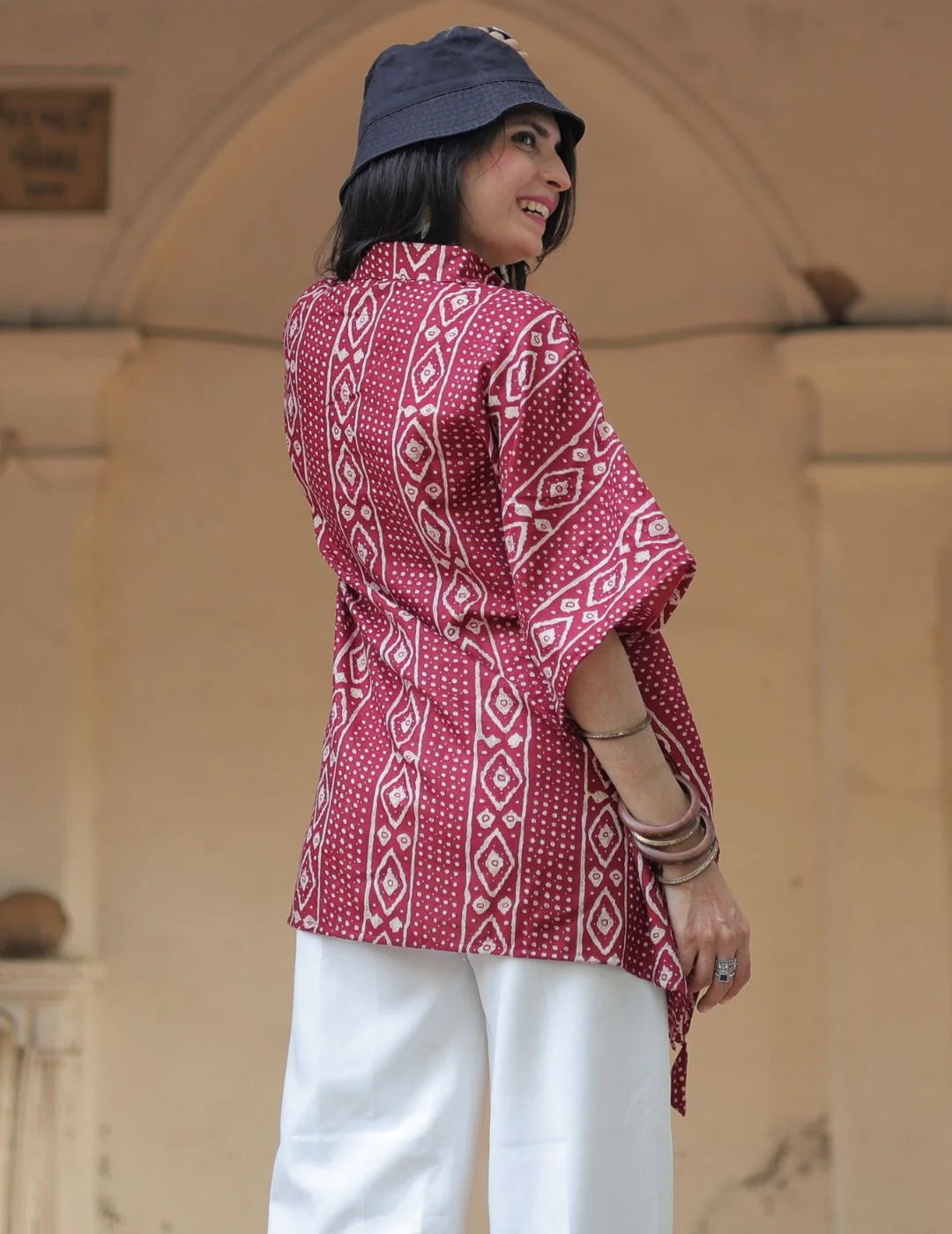 Maroon Bandhani kaftan top — styled with jeans | Youthnic