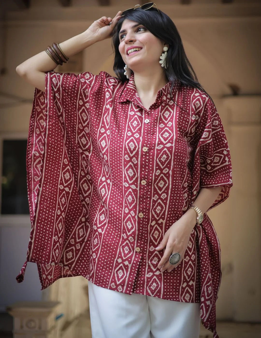Maroon Bandhani kaftan top — full length view | Youthnic