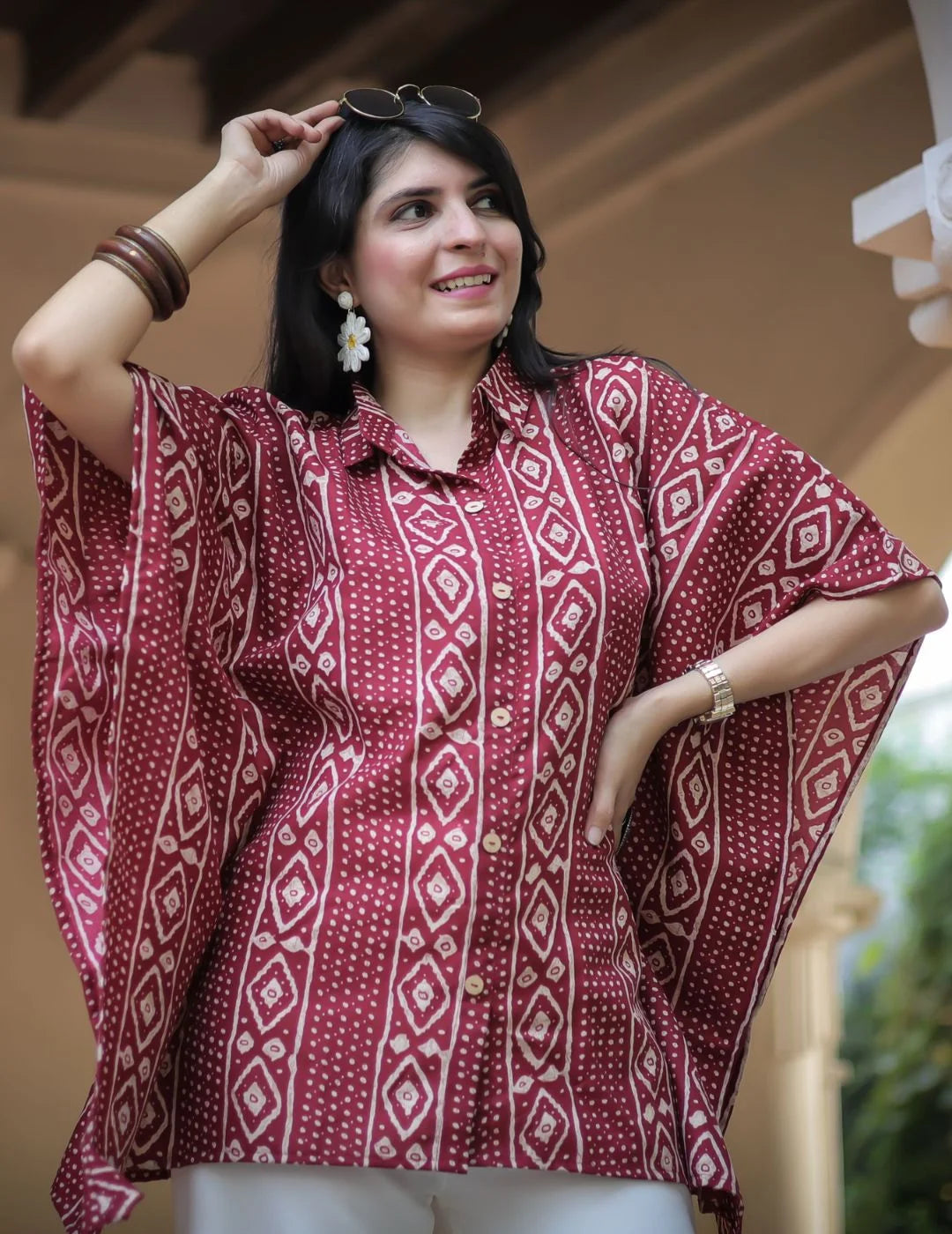 Maroon Bandhani print kaftan tunic top — relaxed fit detail | Youthnic