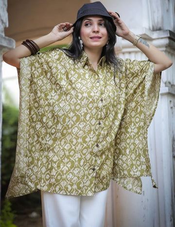 Green Bandhej print kaftan tunic top — front view | Youthnic
