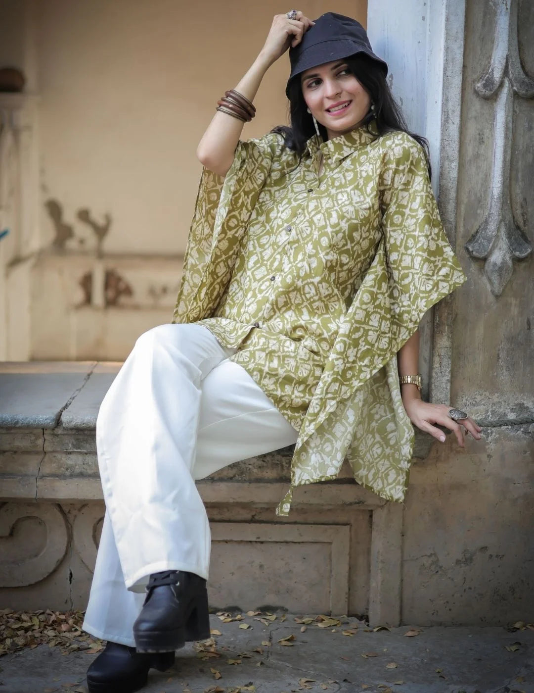 Green Cotton Blend Printed Kaftan Tunic Top