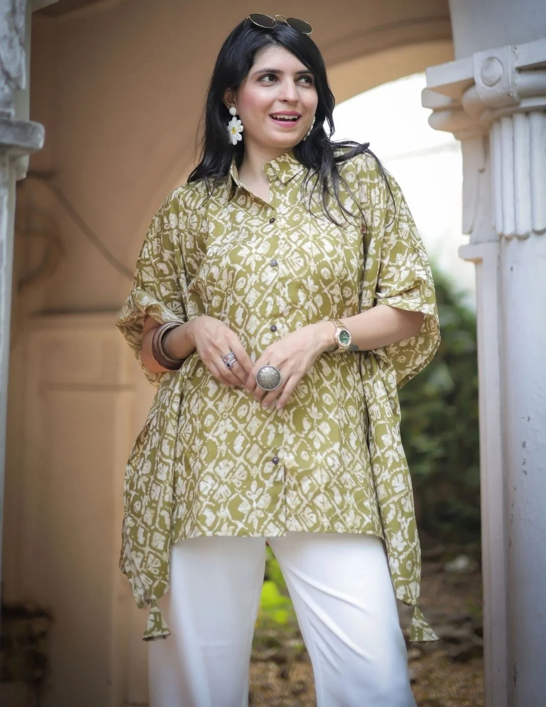 Green Bandhej print kaftan tunic top — full length view | Youthnic