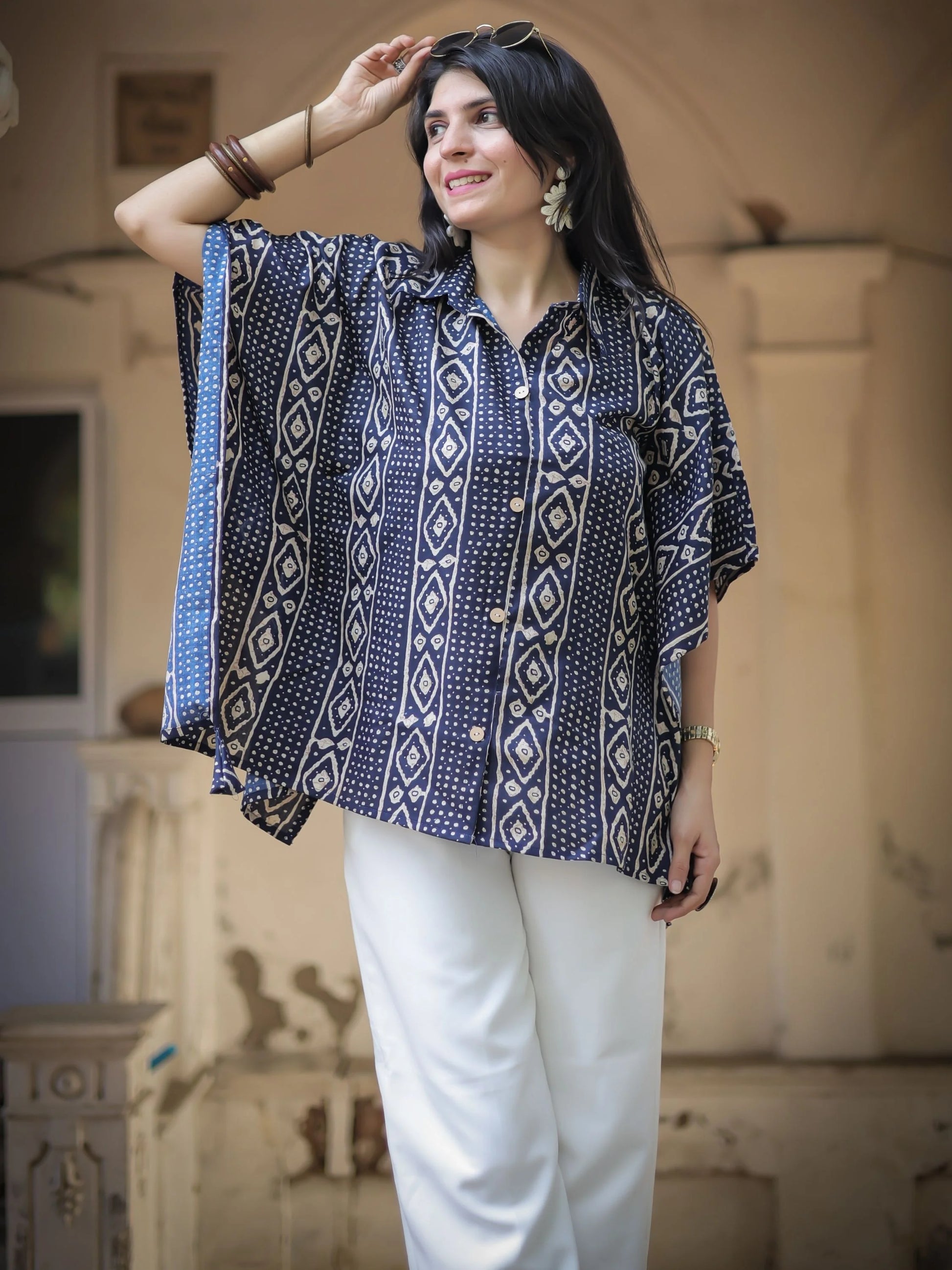 Navy Bandhani kaftan top — back view | Youthnic