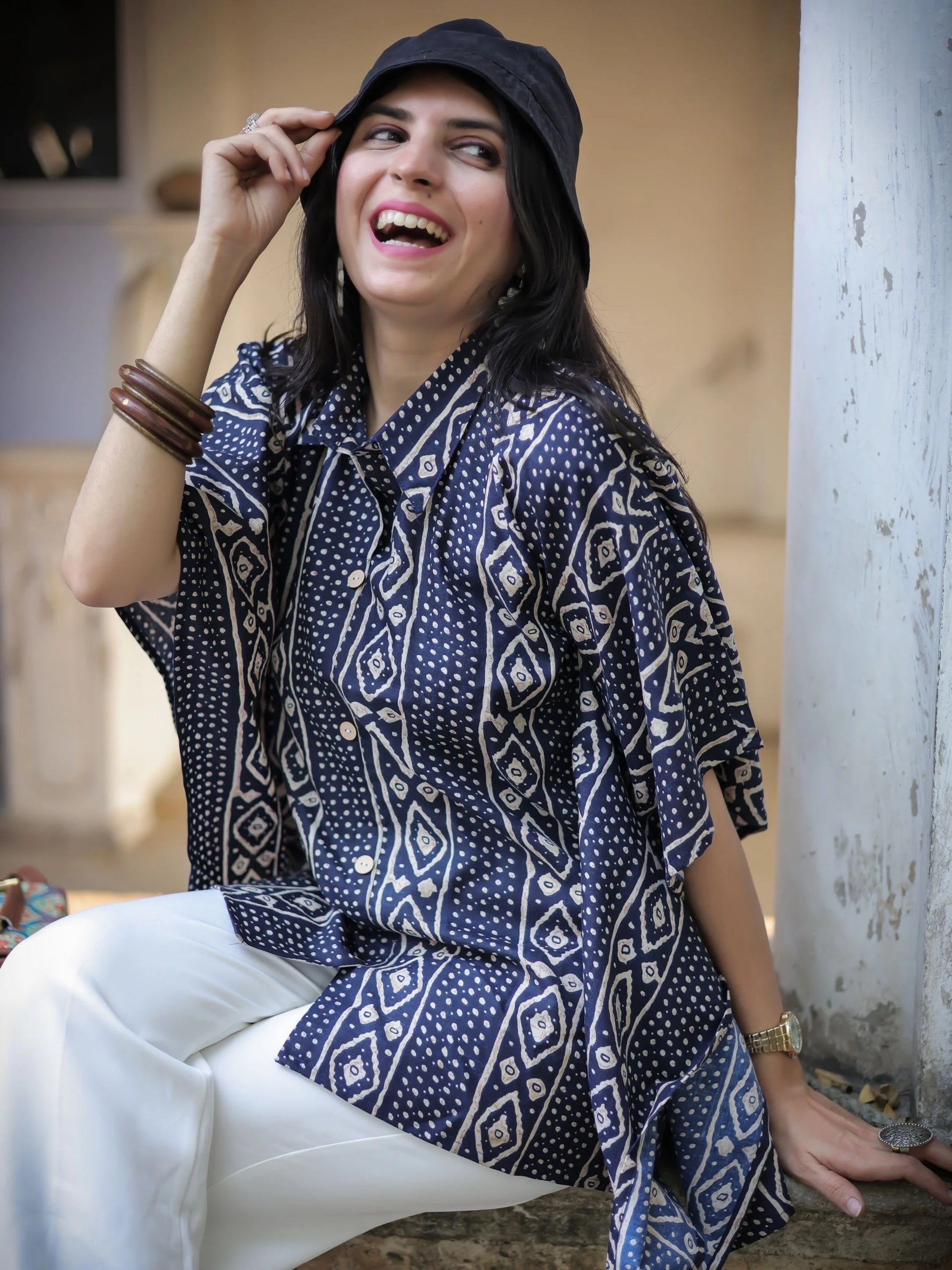 Navy Bandhani print kaftan tunic top — front view | Youthnic