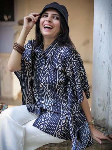 Navy Bandhani print kaftan tunic top — front view | Youthnic