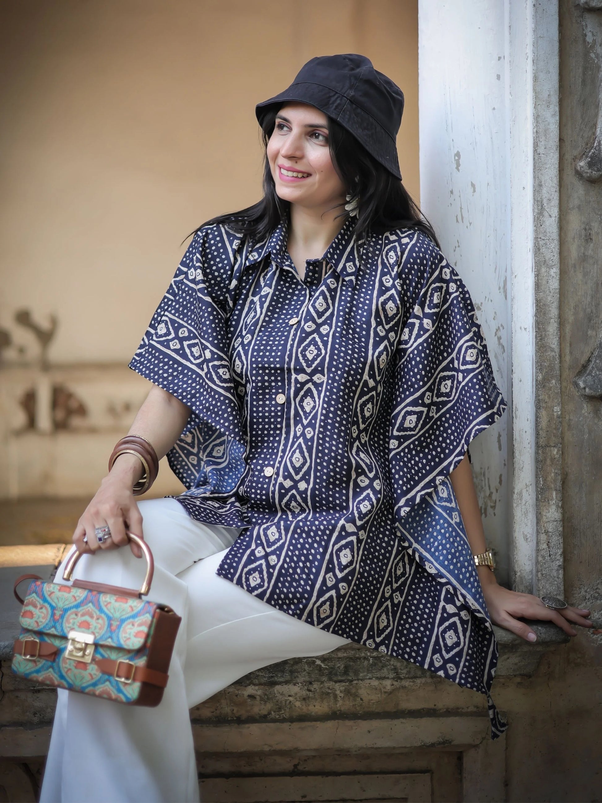 Navy Bandhani kaftan top — print close-up | Youthnic