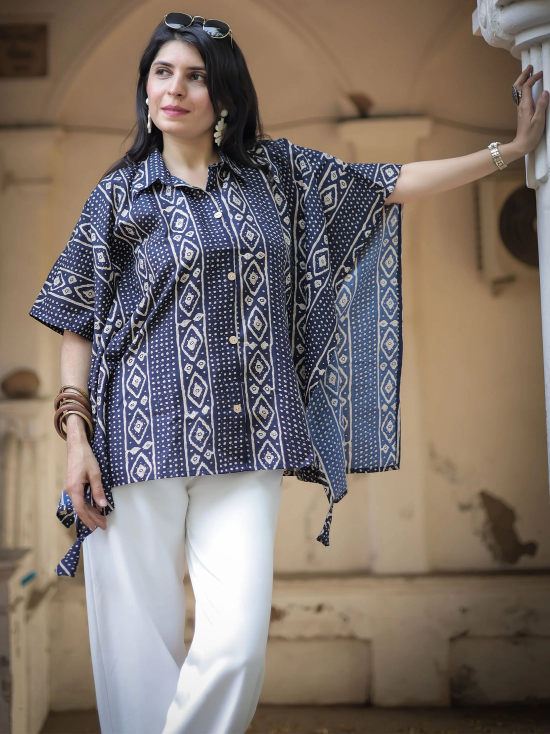 Navy Blue Cotton Blend Bandhani Print Kaftan Tunic Top