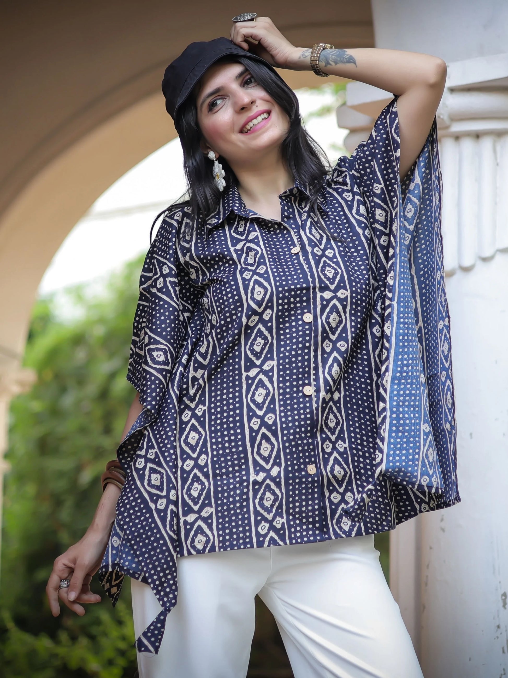 Navy Bandhani kaftan top — sleeve detail | Youthnic